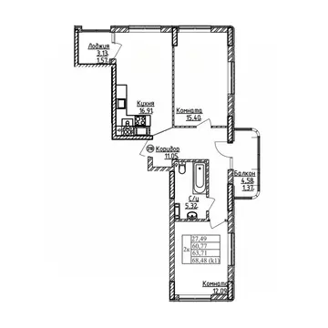 2-к кв. Калининградская область, Калининград ул. Дубовая Аллея (63.71 ...