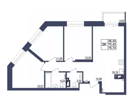 3-к кв. Башкортостан, Уфа Космос жилой комплекс, лит1 (76.74 м)