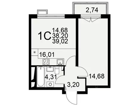 1-к кв. Тульская область, Тула Выше жилой комплекс (39.02 м)