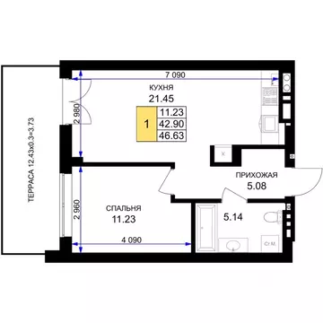 1-к кв. Калининградская область, Гурьевск Включи жилой комплекс (46.63 ...