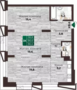 3-к кв. Алтайский край, Барнаул ул. 6-я Нагорная, 15Г/12 (86.6 м)