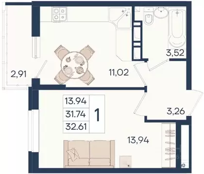 1-к кв. Краснодарский край, Краснодар  (32.61 м)