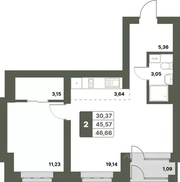 2-к кв. Башкортостан, Уфимский район, с. Миловка  (46.66 м)