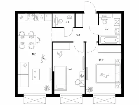 2-комнатная квартира: Котельники, микрорайон Ковровый, ЖК Томилинский ...