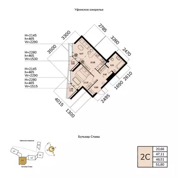 2-к кв. Башкортостан, Уфа ул. Чудинова (48.51 м)