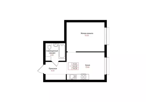 1-к кв. Татарстан, Казань Лето жилой комплекс (34.26 м)