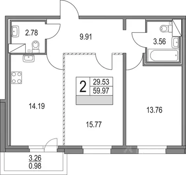 2-к кв. Санкт-Петербург Коломяжский просп., 13к3 (60.95 м)