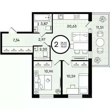 2-к кв. Тюменская область, Тюмень ул. Александра Звягина, 2 (70.07 м)