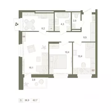 3-к кв. Башкортостан, Уфа Родина Парк жилой комплекс (62.7 м)