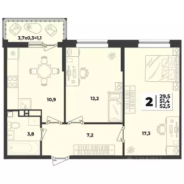 2-к кв. Краснодарский край, Краснодар  (52.5 м)