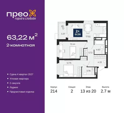 2-к кв. Тюменская область, Тюмень Тюменская Слобода мкр, Прео жилой ...
