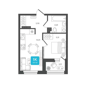 1-комнатная квартира: Дербыши, жилой комплекс Дабл-Дабл (37.11 м)