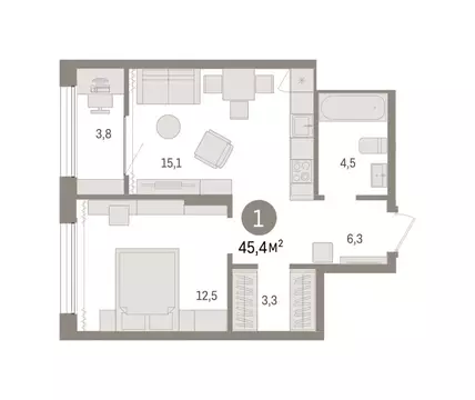 1-комнатная квартира: Тюмень, Краснооктябрьская улица, 4 (45.41 м)