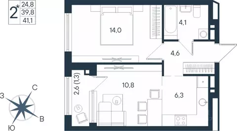 Студия Пермский край, Пермь ул. Космонавта Беляева, 17 (41.1 м)