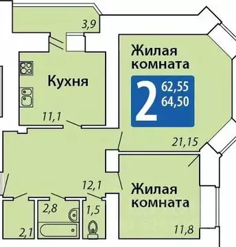 2-к кв. Чувашия, Чебоксары ул. Мирона Ефимовича Ефимова, 1 (64.5 м)