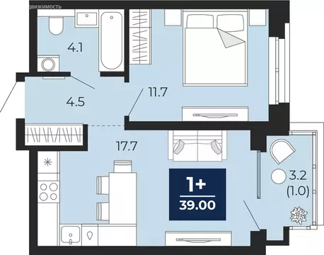 1-комнатная квартира: Тюмень, проезд Капитана Куликова, 5 (41.3 м)