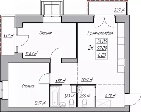 2-к кв. Вологодская область, Вологда ул. Карла Маркса, 59 (67.17 м)