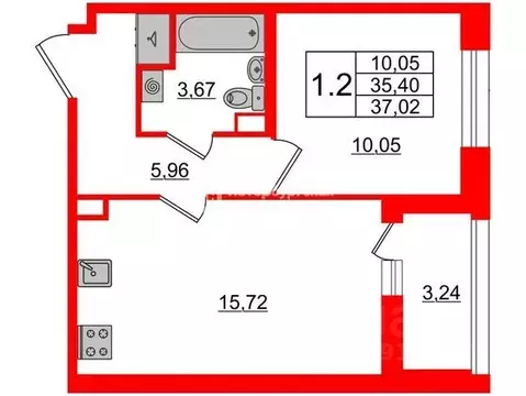 1-к кв. Санкт-Петербург Парашютная ул., 71к2 (35.1 м)
