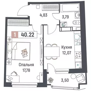 Квартира, 1 комната, 40.22 м