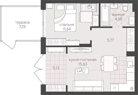 1-к кв. Тюменская область, Тюмень ул. Сергея Свиридова, 15 (42.55 м)