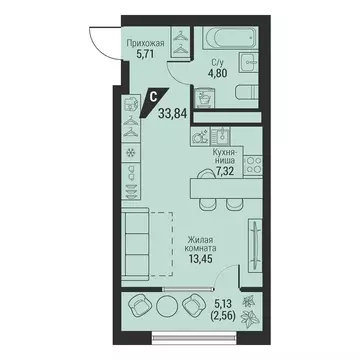 1-комнатная квартира: Екатеринбург, проспект Космонавтов, 100 (33.84 ...
