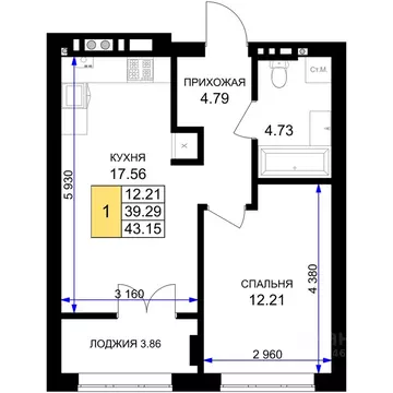 1-к кв. Калининградская область, Гурьевск Включи жилой комплекс (43.15 ...