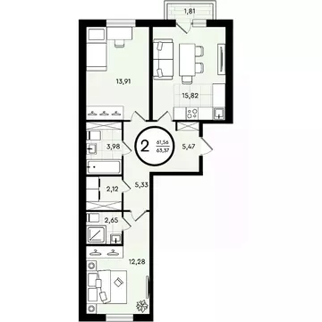 2-к кв. Тюменская область, Тюмень ул. Александра Звягина, 2 (63.37 м)
