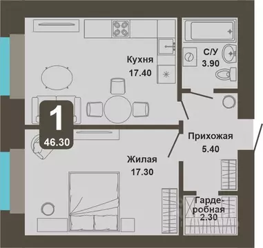 1-к кв. Чувашия, Чебоксары ул. И.П. Прокопьева (46.3 м)