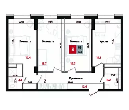 3-к кв. Ставропольский край, Невинномысск Новая ул., 1 (83.0 м)