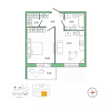 1-к кв. Ленинградская область, Гатчина ул. Чехова, 39к2 (42.9 м)
