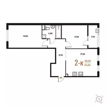 2-к кв. Москва № 82 кв-л, Новое Летово жилой комплекс (61.2 м)