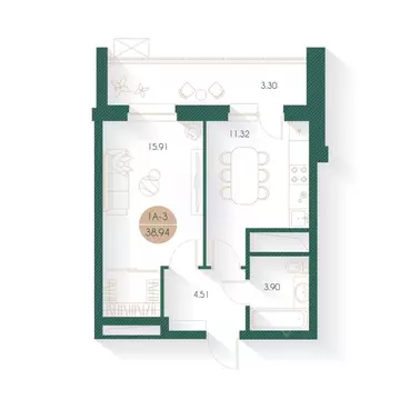 1-к кв. Татарстан, Казань Родины мкр, Наследие жилой комплекс (38.0 м)