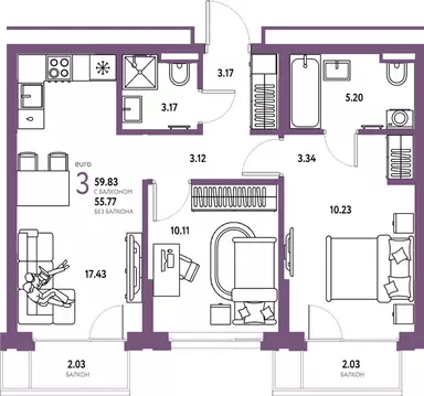 3-к кв. Тюменская область, Тюмень ул. Мельникайте, 42к1 (59.76 м)