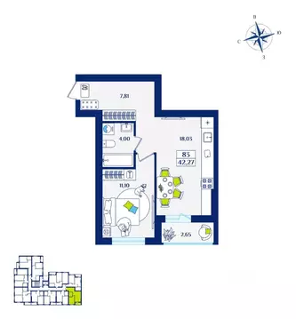 1-к кв. Калининградская область, Зеленоградск  (42.27 м)