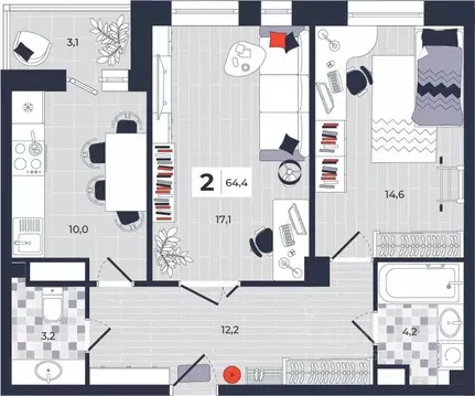 2-к кв. Тульская область, Тула ул. Академика Насоновой, 1А (64.4 м)