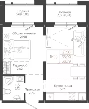 1-к кв. Алтайский край, Барнаул ул. Малахова, 155к1 (38.79 м)