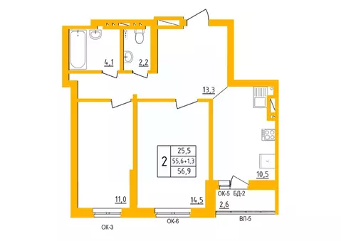 2-к кв. Башкортостан, Уфа Инорс-4Б мкр, Акварель жилой комплекс (56.8 ...
