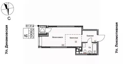 1-к кв. Удмуртия, Ижевск Локомотивная ул., 2 (26.9 м)