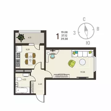 1-к кв. Воронежская область, с. Новая Усмань, Ольха мкр  (39.38 м)