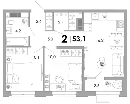 2-к кв. Владимирская область, Владимир Уно жилой комплекс (53.1 м)