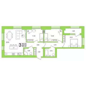 3-комнатная квартира: Уфа, улица Аксакова, 18 (88.52 м)