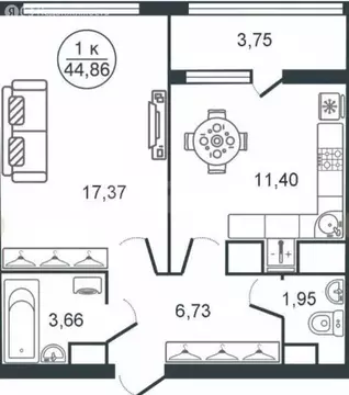 1-комнатная квартира: Тверь, ул. Левитана (44.86 м)