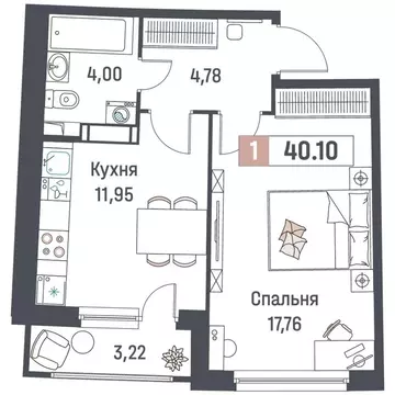 Квартира, 1 комната, 40.1 м