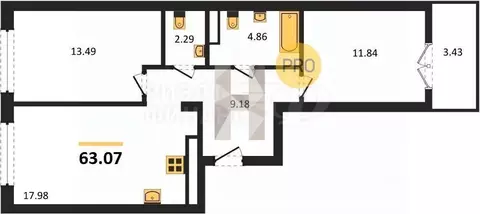 2-к кв. Калининградская область, Гурьевск Включи жилой комплекс (64.62 ...