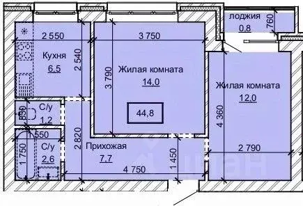 2-к кв. Алтайский край, Барнаул ул. Анатолия (44.8 м)