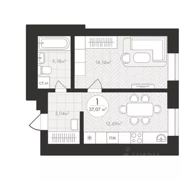 1-к кв. Башкортостан, Уфа Южный-2 мкр,  (37.07 м)