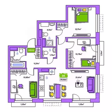 3-к кв. Тюменская область, Тюмень Полевая ул., 93к1 (79.06 м)