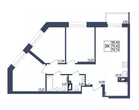 3-к кв. Башкортостан, Уфа Космос жилой комплекс, лит1 (76.84 м)