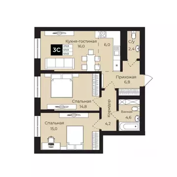 2-к кв. Башкортостан, Уфа ул. Ленина, 192 (69.8 м)