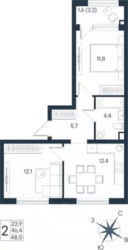 2-к кв. Пермский край, Пермь ул. Космонавта Беляева, 17 (48.0 м)